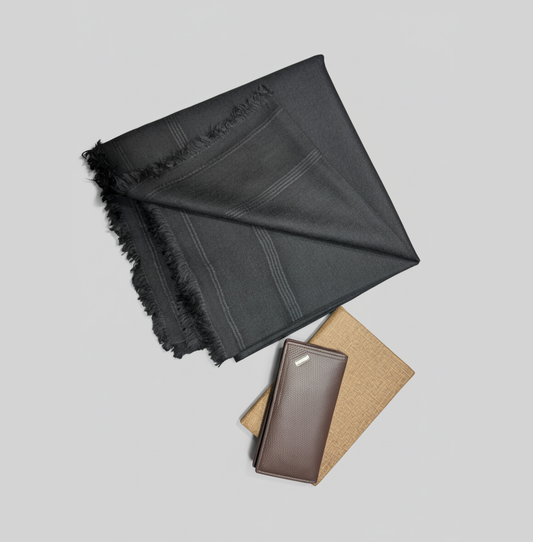 Gents Black Pure Wool Shawl | One Border | 500g | Full Size Luxury