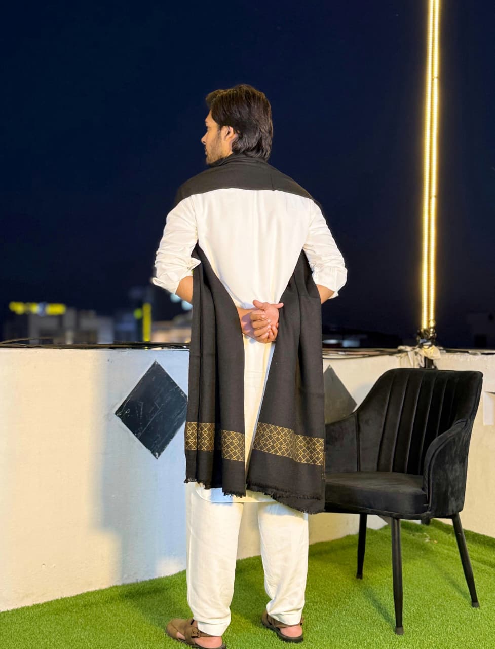 Dastkaar– Premium Black Wool Shawl with Classic Golden Border