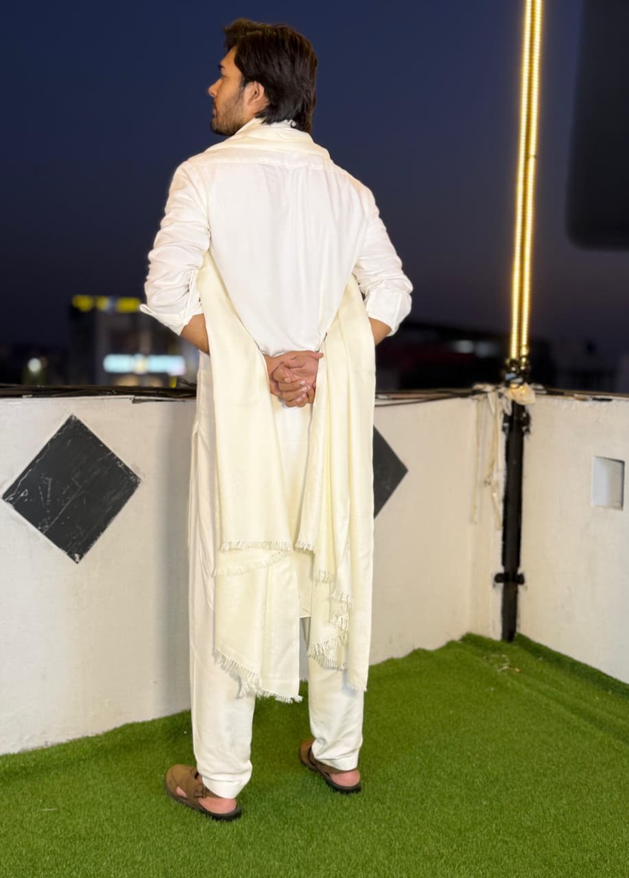 Gents White Shawl – Premium Australian Wool | One Border | Lightweight Luxury