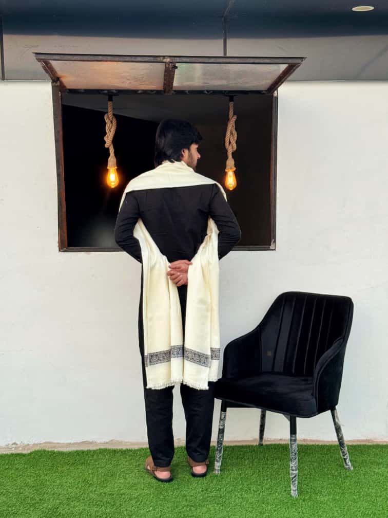 Premium White Wool Shawl with Classic Black Border