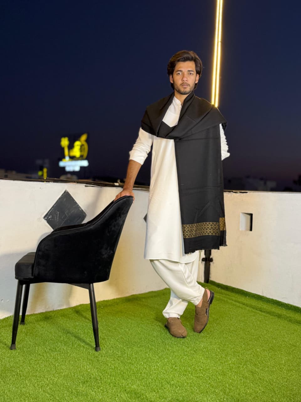 Dastkaar– Premium Black Wool Shawl with Classic Golden Border