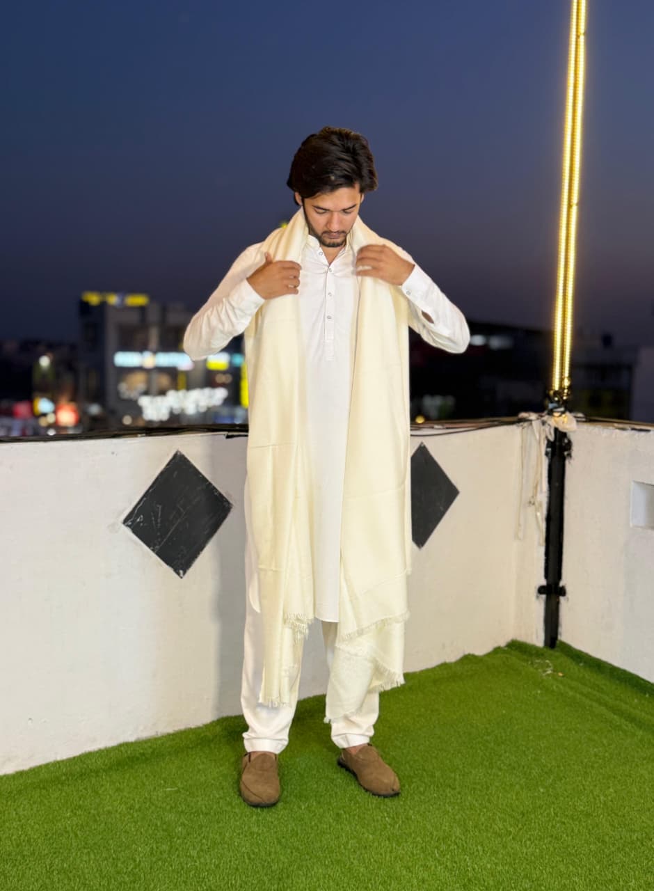 Gents White Shawl – Premium Australian Wool | One Border | Lightweight Luxury