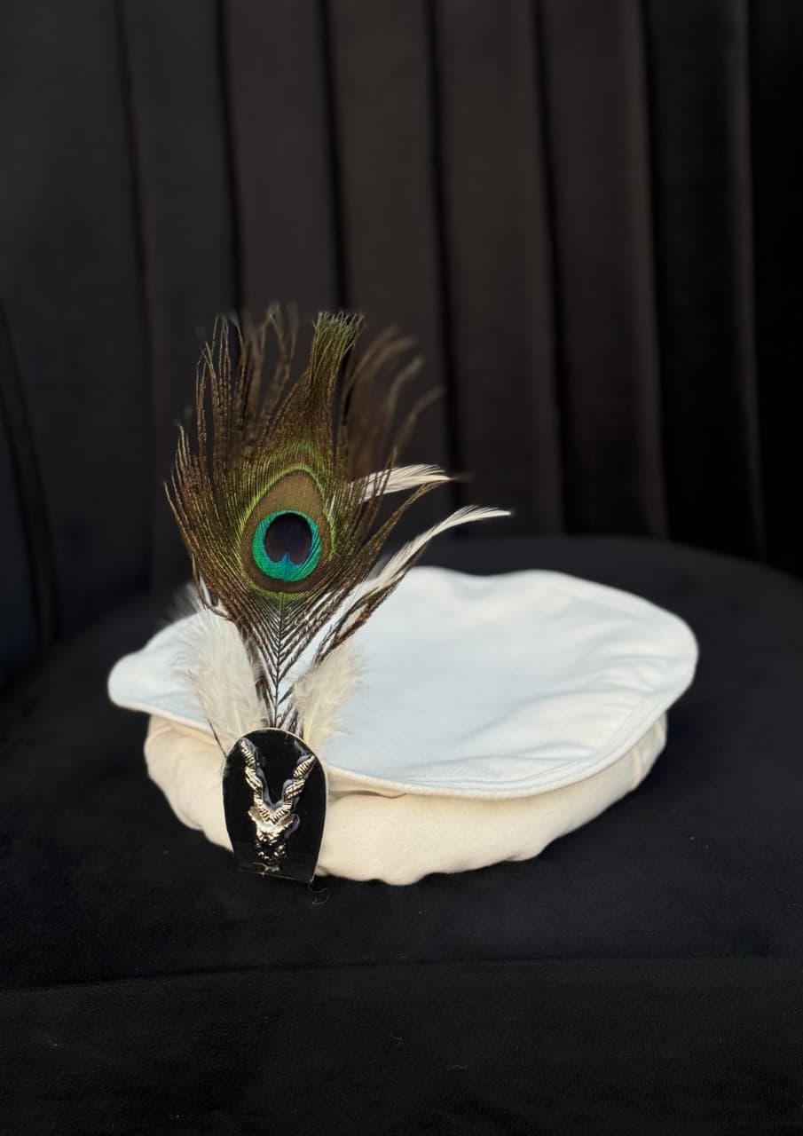Chitrali Cap with Peacock Feather & Markhor Lapel Pin – Premium Traditional Headwear
