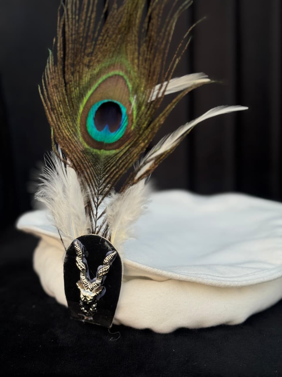 Chitrali Cap with Peacock Feather & Markhor Lapel Pin – Premium Traditional Headwear