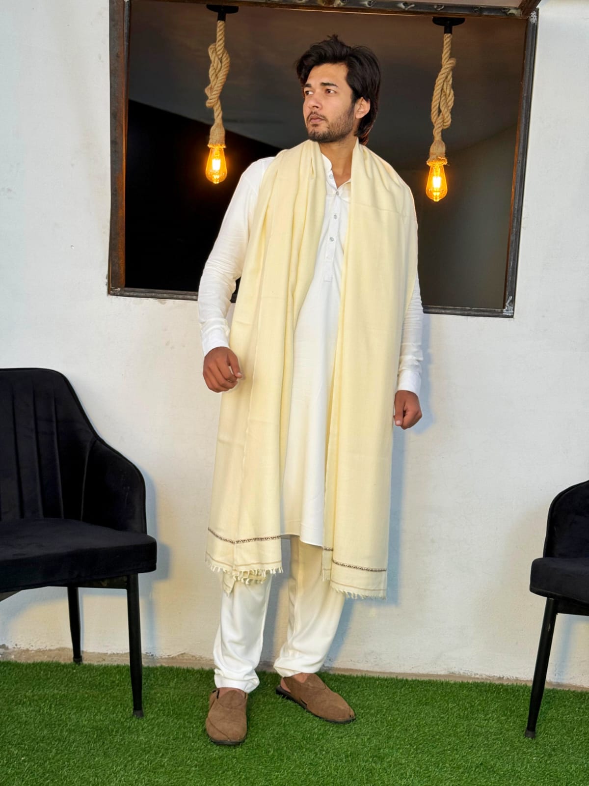 Gents Off White Shawl – Premium Australian Wool | One Border | Lightweight Luxury