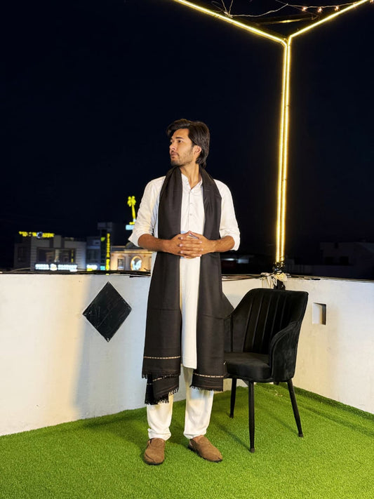 Gents Black Shawl – Premium Italian Wool | Self Border | Lightweight Luxury