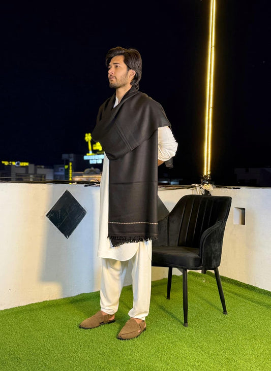 Gents Black Shawl – Premium Italian Wool | Self Border | Lightweight Luxury