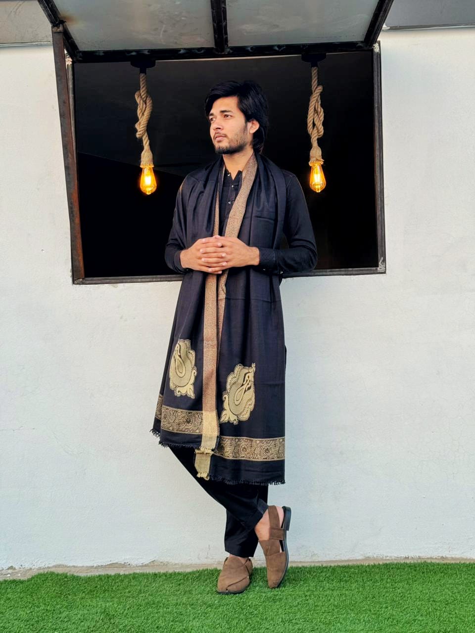 Dastkaar – Premium Black Wool Shawl with Golden Border