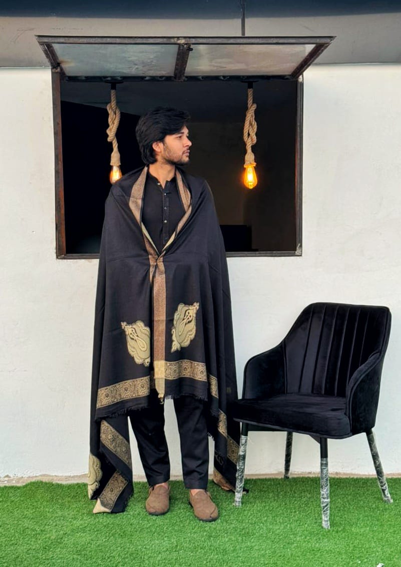 Dastkaar – Premium Black Wool Shawl with Golden Border