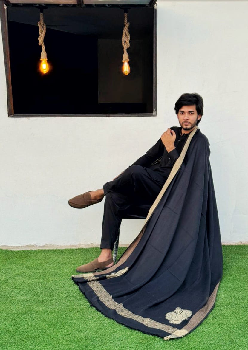 Dastkaar – Premium Black Wool Shawl with Golden Border