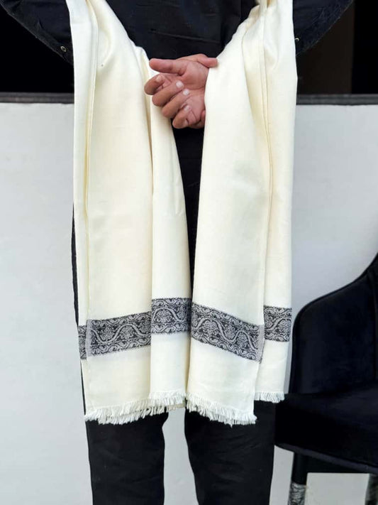 Dastkaar– Premium White Wool Shawl with Classic Black Border