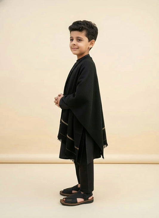 Kids Black Wool Shawl | Premium Winter Elegance