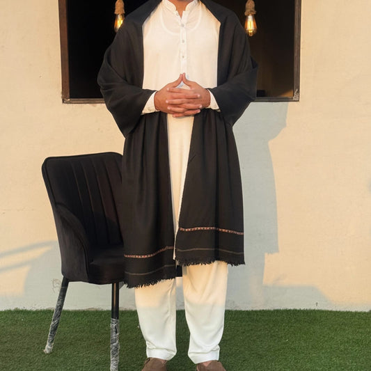 Gents Black Shawl – Premium Italian Wool | One Border | Lightweight Luxury
